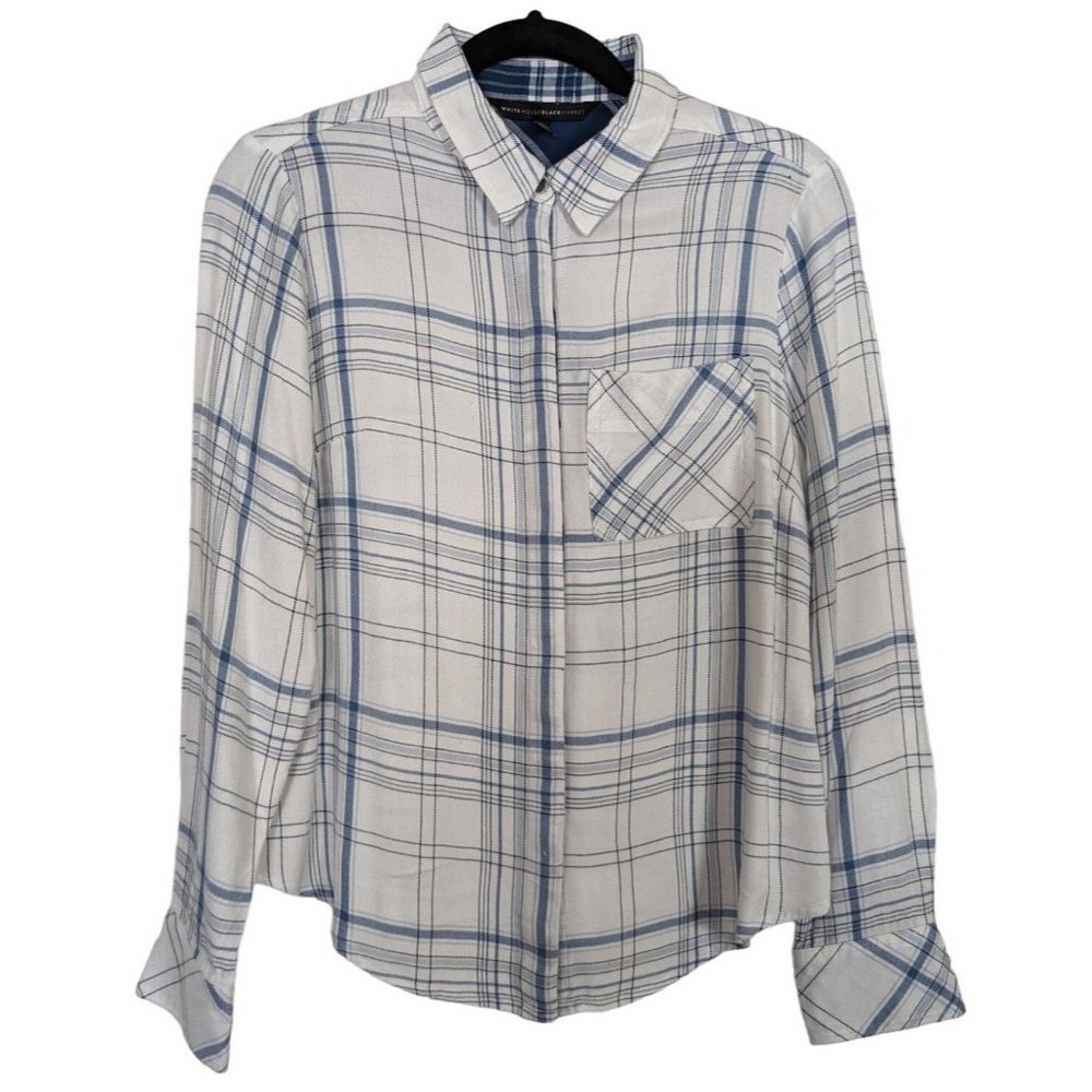 White House Black‎ Market long sleeve soft plaid blue and white shirt blouse 6